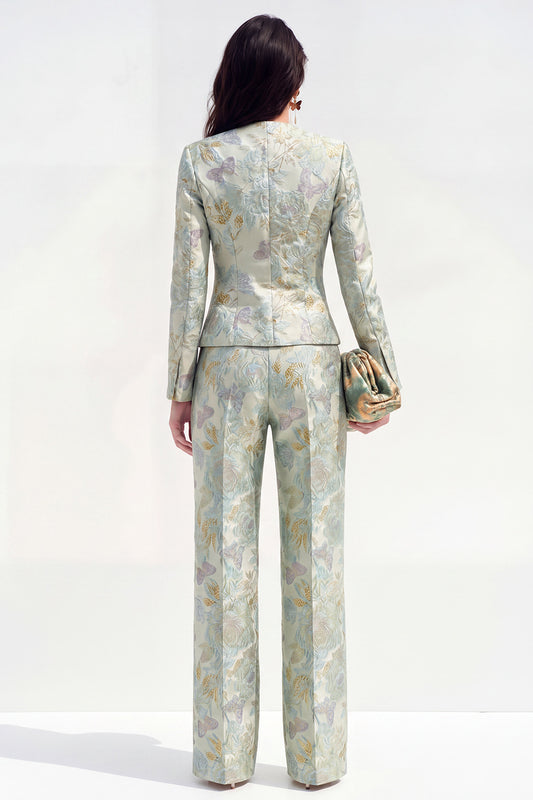 2 Piece Green Flower Round Neck Single Breasted Women Suits with Pockets