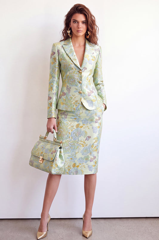 Green Flower Midi 2 Piece Peak Lapel Single Breasted Women Suits