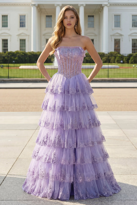 Floral Lilac Tiered Tulle Ruffled Long Corset Prom Dress with Slit