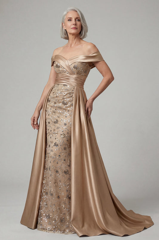 Plus Size Champagne Floral Appliqued Off the Shoulder Long Mother of the Bride Dress