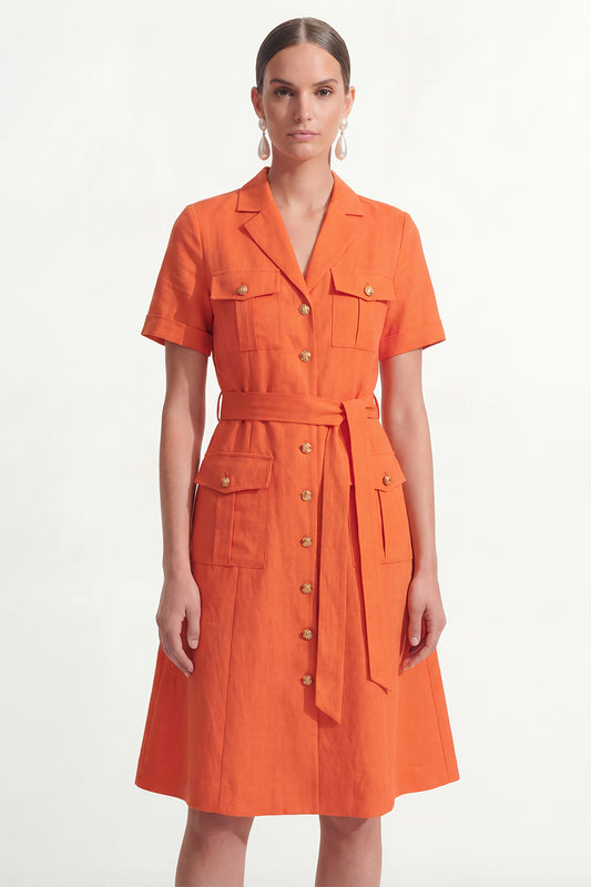 Notched Lapel Orange Short Sleeves Single Breasted Work Dress with Belt