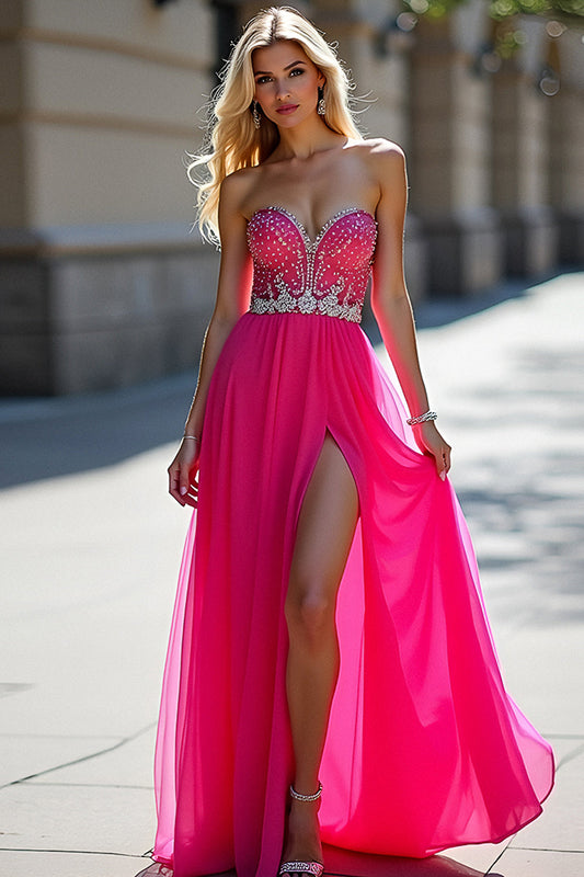 Tulle Long Fuchsia Sweetheart Beaded Prom Dress with Slit