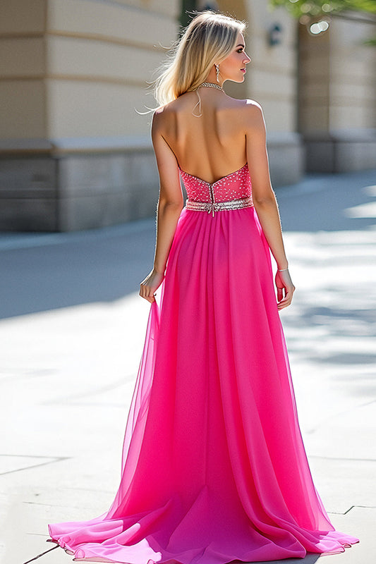 Tulle Long Fuchsia Sweetheart Beaded Prom Dress with Slit