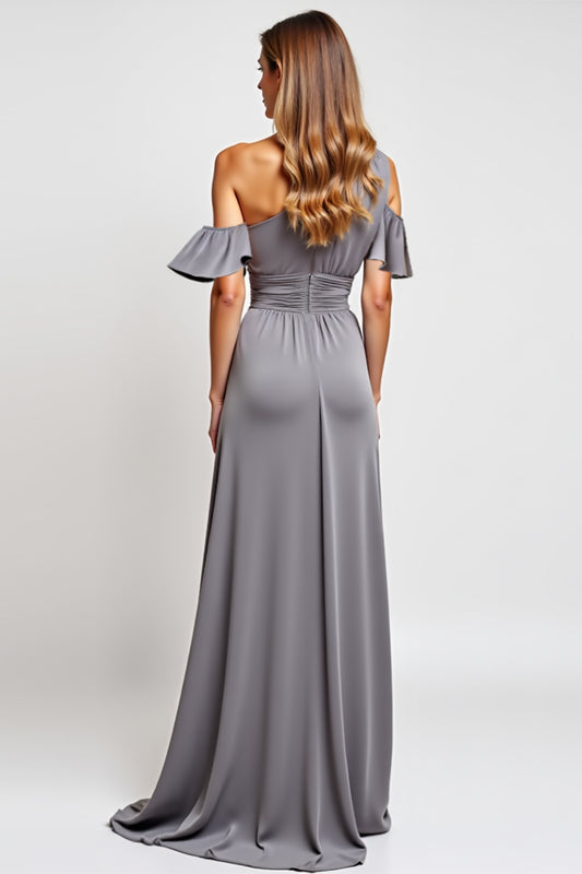 Grey One Shoulder Sheath Long Bridesmaid Dress with Slit
