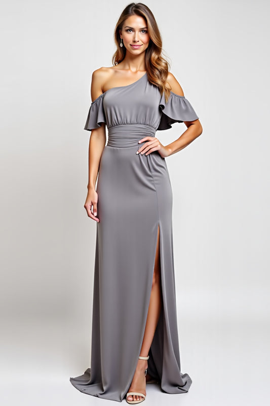 Grey One Shoulder Sheath Long Bridesmaid Dress with Slit