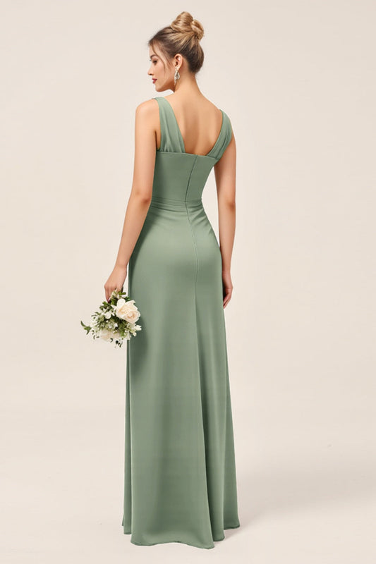 Satin Eucalyptus Sheath V-Neck Long Bridesmaid Dress with Slit