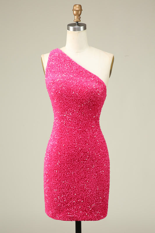 One Shoulder Hot Pink Sequins Tight Homecoming Dress