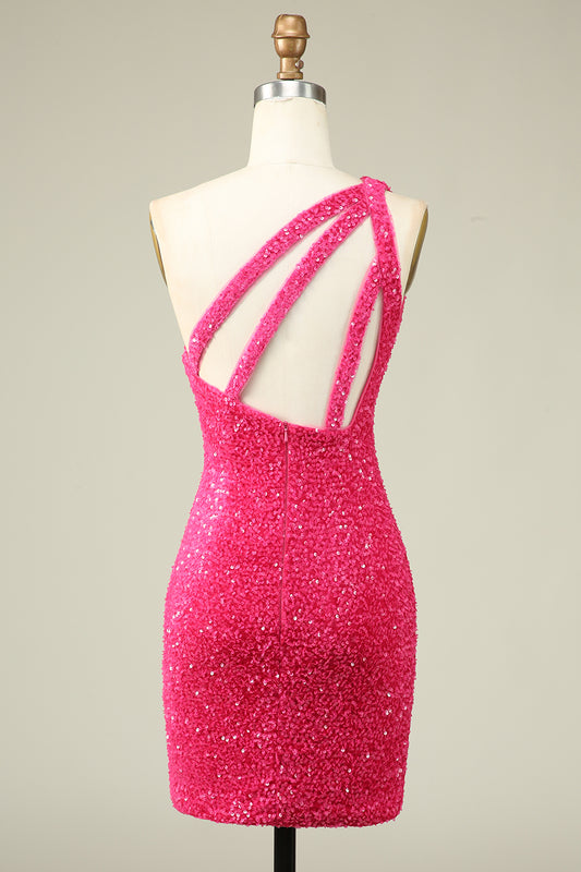 One Shoulder Hot Pink Sequins Tight Homecoming Dress