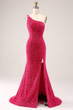 Sparkly Fuchsia Mermaid One Shoulder Long Sequin Prom Dress with Slit Sparkly Fuchsia Mermaid One Shoulder Long Sequin Prom Dress with Slit
