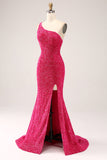 Sparkly Fuchsia Mermaid One Shoulder Long Sequin Prom Dress with Slit Sparkly Fuchsia Mermaid One Shoulder Long Sequin Prom Dress with Slit
