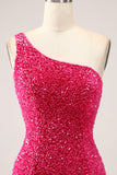 Sparkly Fuchsia Mermaid One Shoulder Long Sequin Prom Dress with Slit Sparkly Fuchsia Mermaid One Shoulder Long Sequin Prom Dress with Slit
