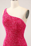 Sparkly Fuchsia Mermaid One Shoulder Long Sequin Prom Dress with Slit Sparkly Fuchsia Mermaid One Shoulder Long Sequin Prom Dress with Slit