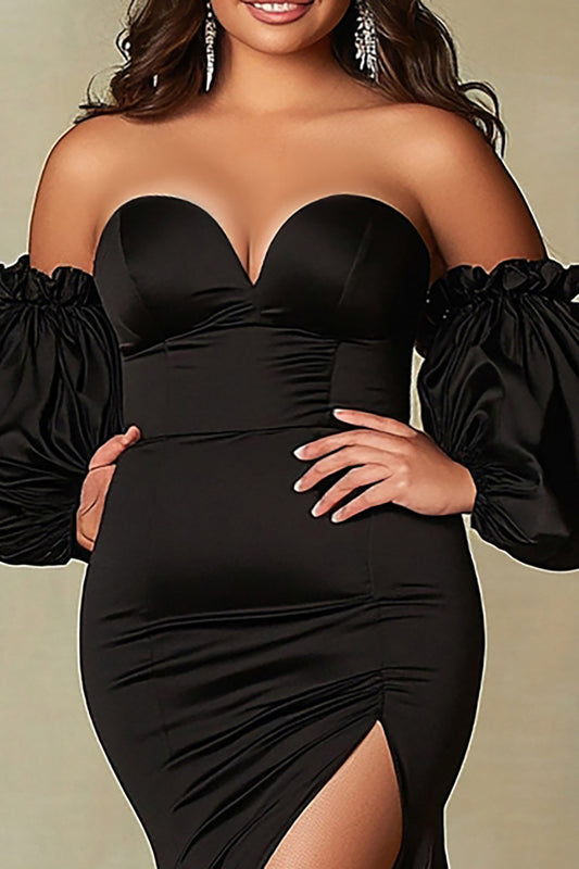 Black Satin Sweetheart Mermaid Plus Size Prom Dress with Slit