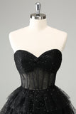Sparkly Black Strapless Tiered Corset Short Homecoming Dress Sparkly Black Strapless Tiered Corset Short Homecoming Dress