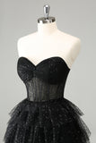 Sparkly Black Strapless Tiered Corset Short Homecoming Dress Sparkly Black Strapless Tiered Corset Short Homecoming Dress