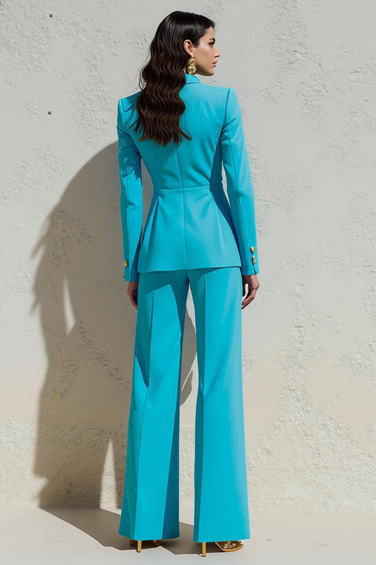 Blue Peak Lapel 2 Piece Satin Women Prom Suits with Pockets