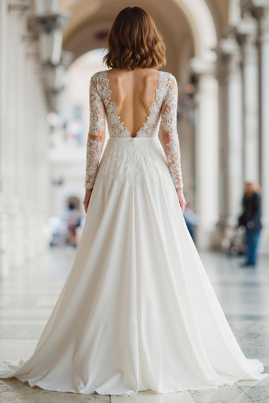 Ivory A Line Illusion Boat Neck Floor-Length Wedding Dress with Lace