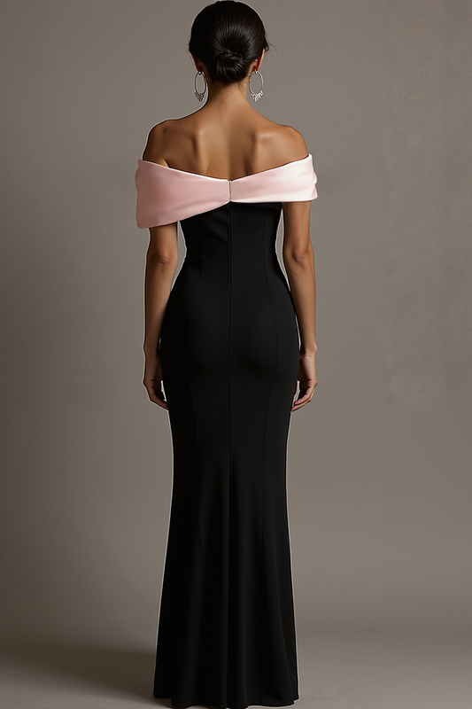 Black and Pink Satin Off the Shoulder Sheath Long Evening Dress