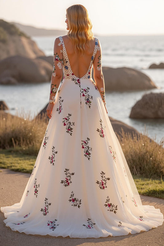 White Long Sleeves Deep V-Neck Floral Wedding Dress