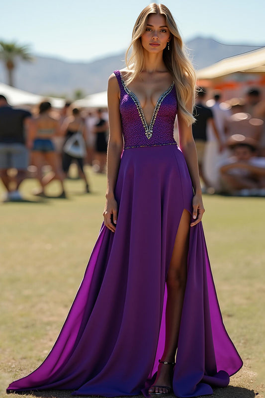 Beaded Dark Purple V-Neck Long Wedding Guest Dress with Slit