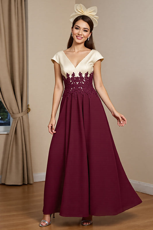 Burgundy Satin Appliqued Long Mother of the Bride Dress with Cap Sleeves