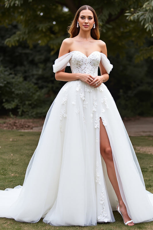 Tulle White Ball Gown Sweep Train Wedding Dress with Appliques
