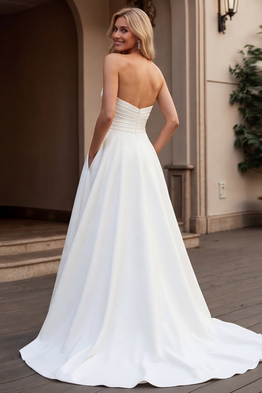 Ivory Strapless A Line Satin Ruched Wedding Dress