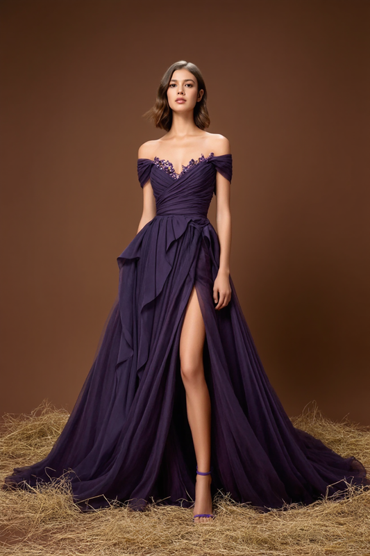 Elegant Purple Off-Shoulder A Line Long Prom Dress With Slit