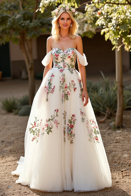 Tulle Floral A Line White Sweep Train Wedding Dress