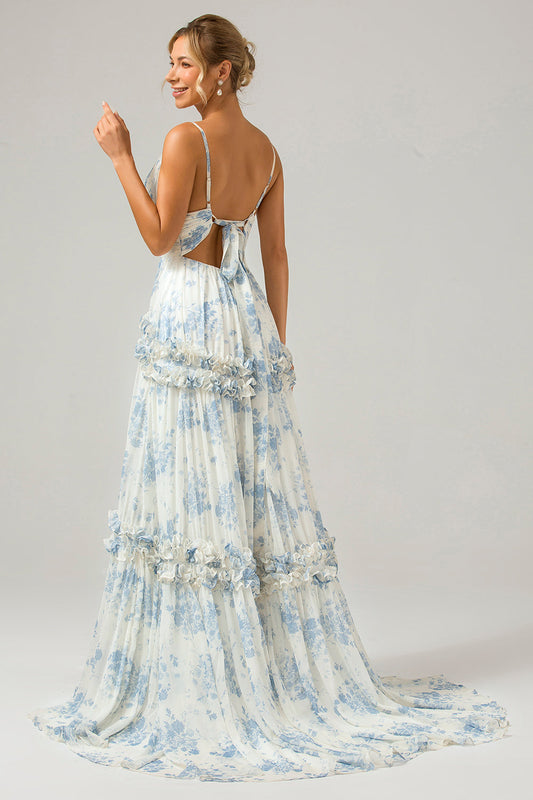 White Blue Flower A Line Long Bridesmaid Dress with Ruffles
