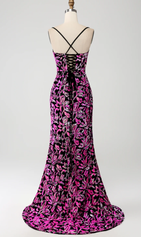 Sparkly Mermaid Fuchsia Black Sequin Prom Dress With Side Slit Sparkly Mermaid Fuchsia Black Sequin Prom Dress With Side Slit