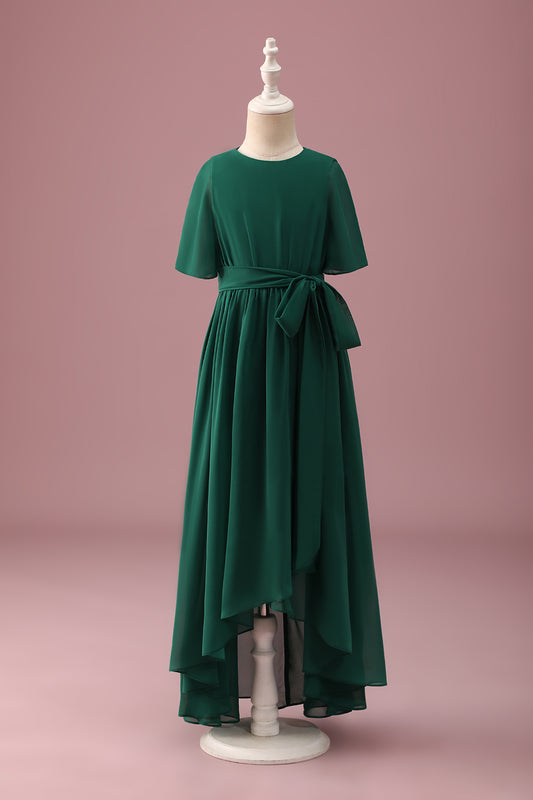 Green High-Low Junior Bridesmaid Dress with Short Sleeves