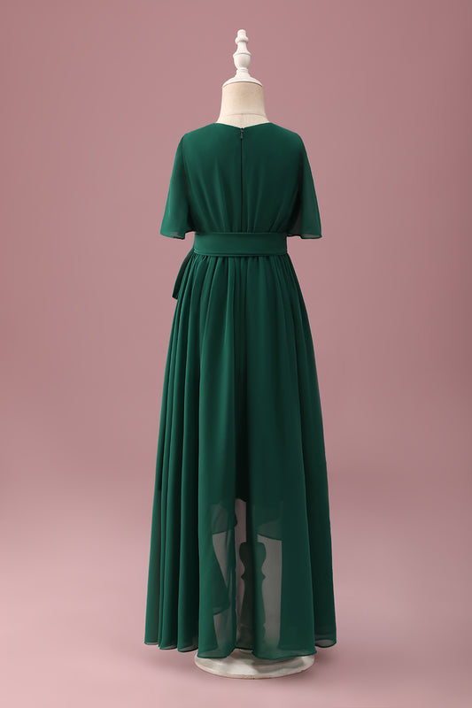 Green High-Low Junior Bridesmaid Dress with Short Sleeves