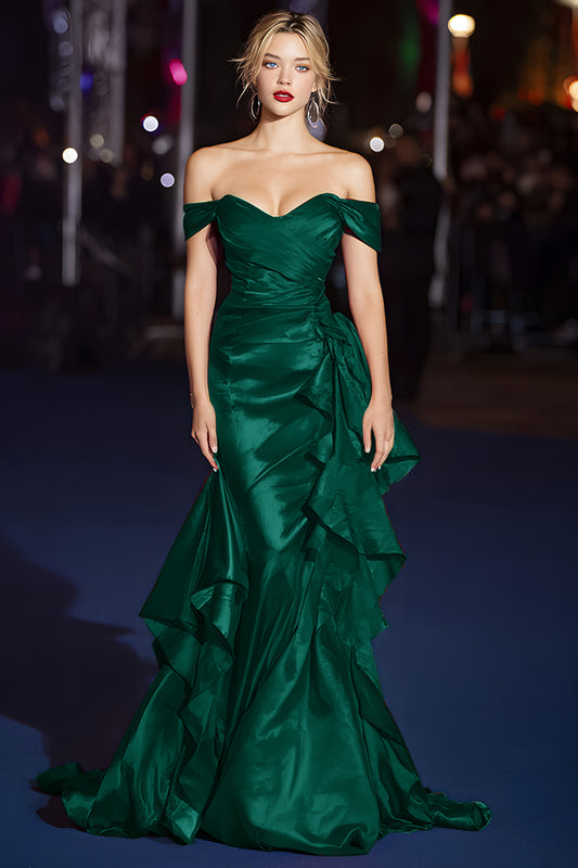 Dark Green Off the Shoulder Mermaid Long Gala Dress with Ruffles