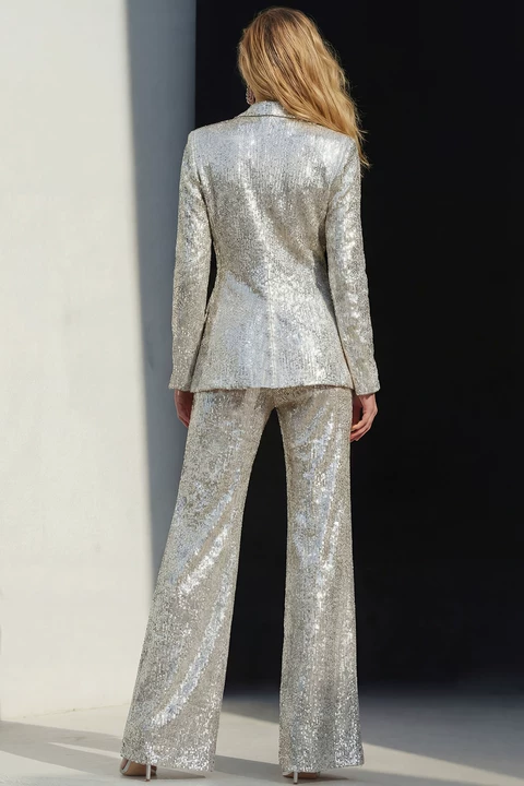 Sparkly Silver 2 Piece Sequins Notched Lapel Women Prom Suits