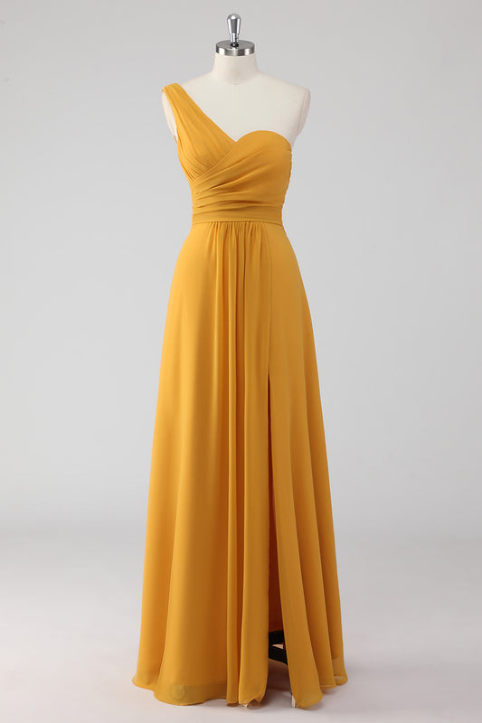 Yellow One Shoulder A Line Long Bridesmaid Dress