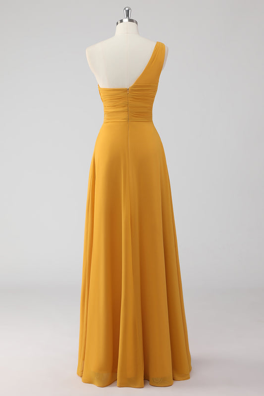 Yellow One Shoulder A Line Long Bridesmaid Dress