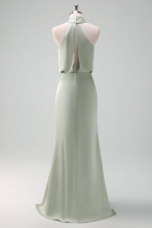 Dusty Sage Halter Sheath Satin Bridesmaid Dress
