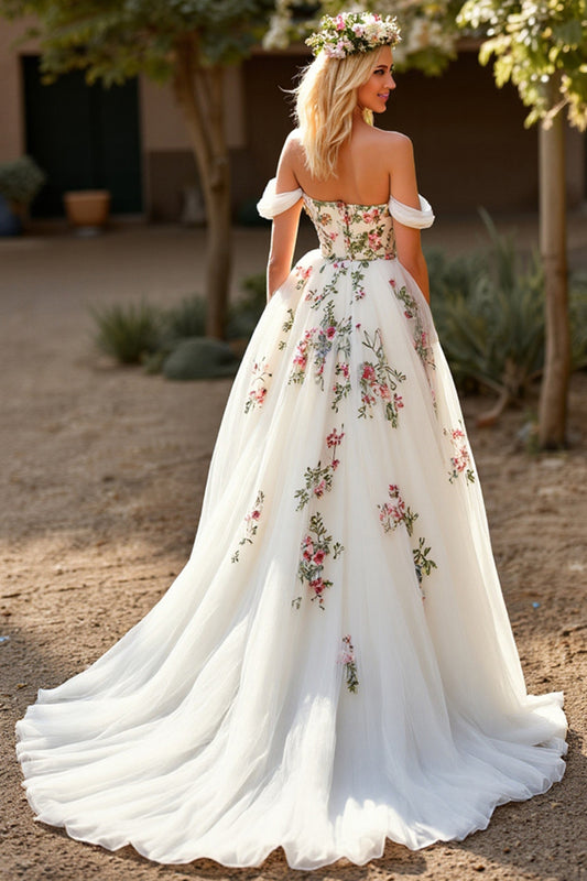 Tulle Floral A Line White Sweep Train Wedding Dress
