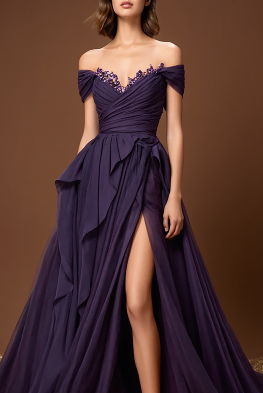 Elegant Purple Off-Shoulder A Line Long Prom Dress With Slit