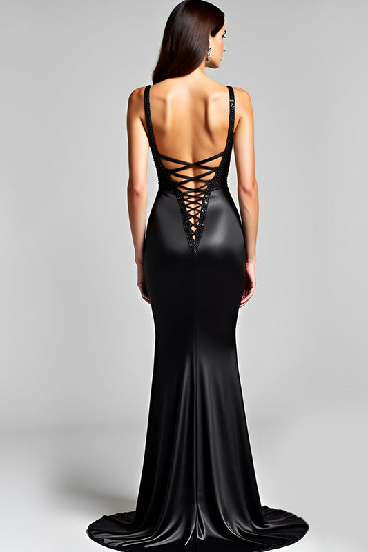 Black Mermaid Sequins Lace-Up Back Back Long Black Tie Dress