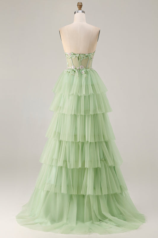 Sparkly Floral Green Beaded Long Corset Prom Dress with Ruffles