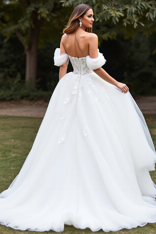 Tulle White Ball Gown Sweep Train Wedding Dress with Appliques