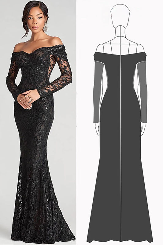 Black Mermaid Off The Shoulder Mesh And Lace Formal Dress