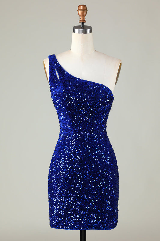 Zapakasa Women Sparkly Royal Blue Sequins Tight Short Homecoming Dresses One-Shoulder Backless Cocktail Dress
