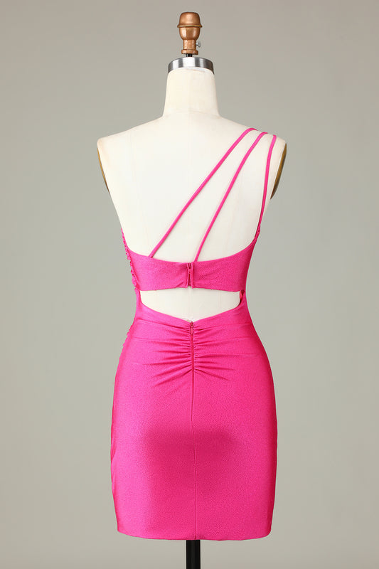 One Shoulder Unique Short Fuchsia Homecoming Dress