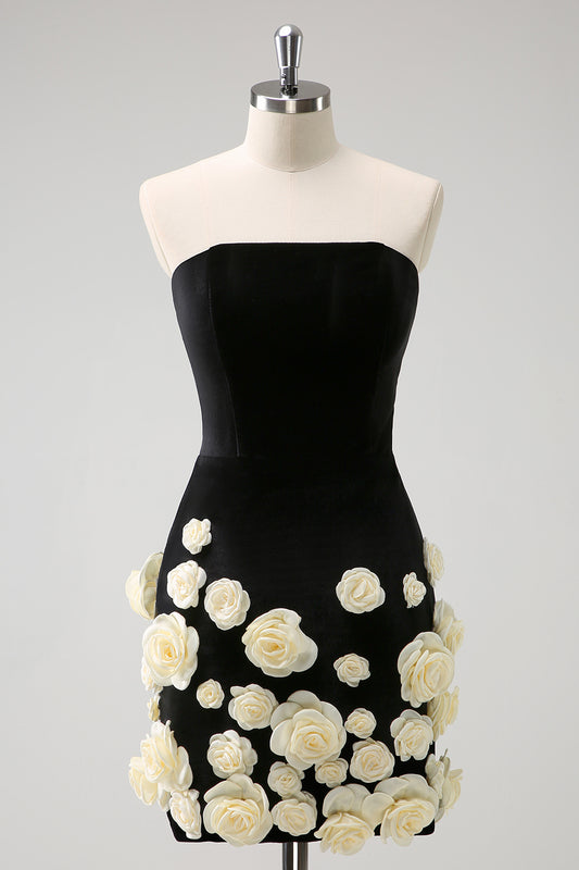 Black Strapless Tight Short Homecoming Dress with 3D Flowers