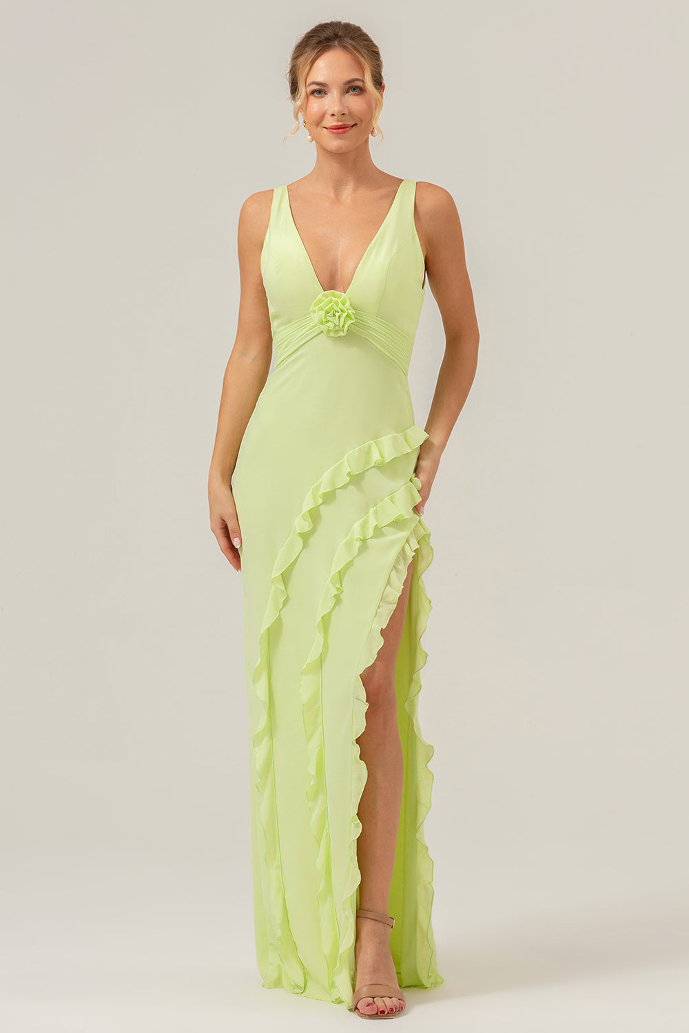 Zapakasa Women Lime Deep V Neck Ruffles Wedding Guest Dress with Slit Sheath Bridesmaid Dress Zapakasa Women Lime Deep V Neck Ruffles Wedding Guest Dress with Slit Sheath Bridesmaid Dress