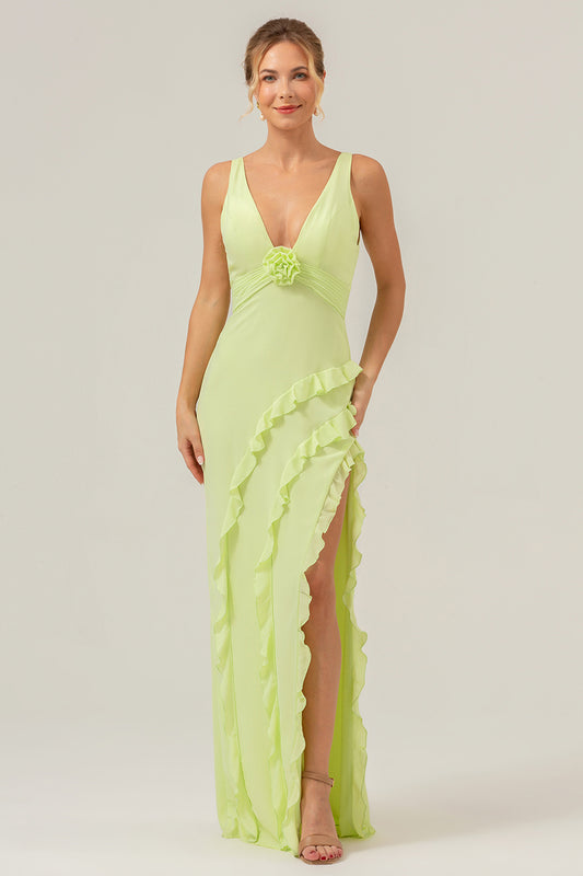 Lime Deep V Neck Ruffles Long Bridesmaid Dress with Slit