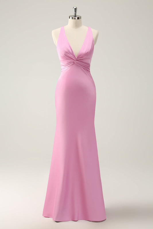 Pink Bridesmaid Dress Mermaid Halter Satin Long Wedding Party Guest Dress